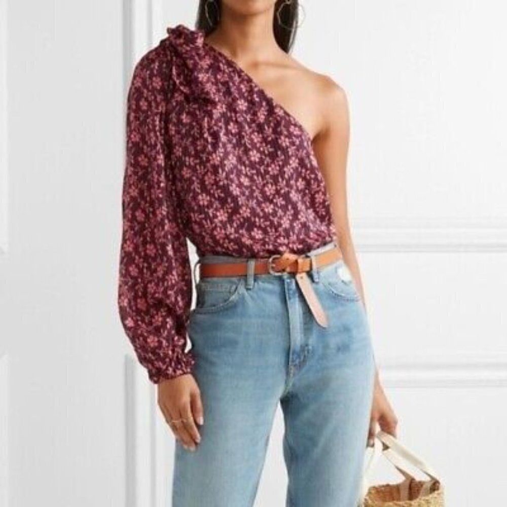 Ulla Johnson Enid Pink Cotton Silk Blend Floral One Shoulder Blouse US 0‌‌‌